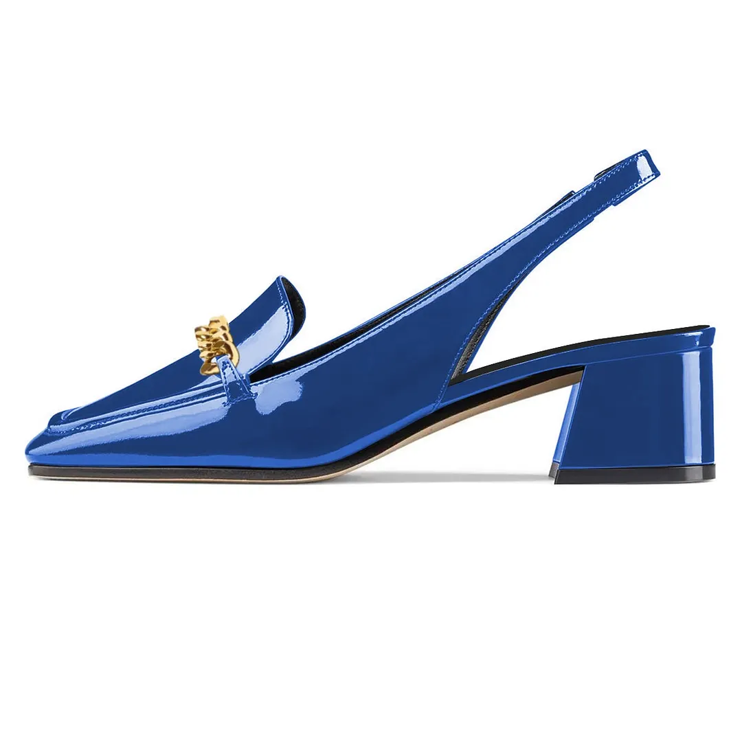 Blue Patent Leather Square Toe Slingback Heels with Chain Accent