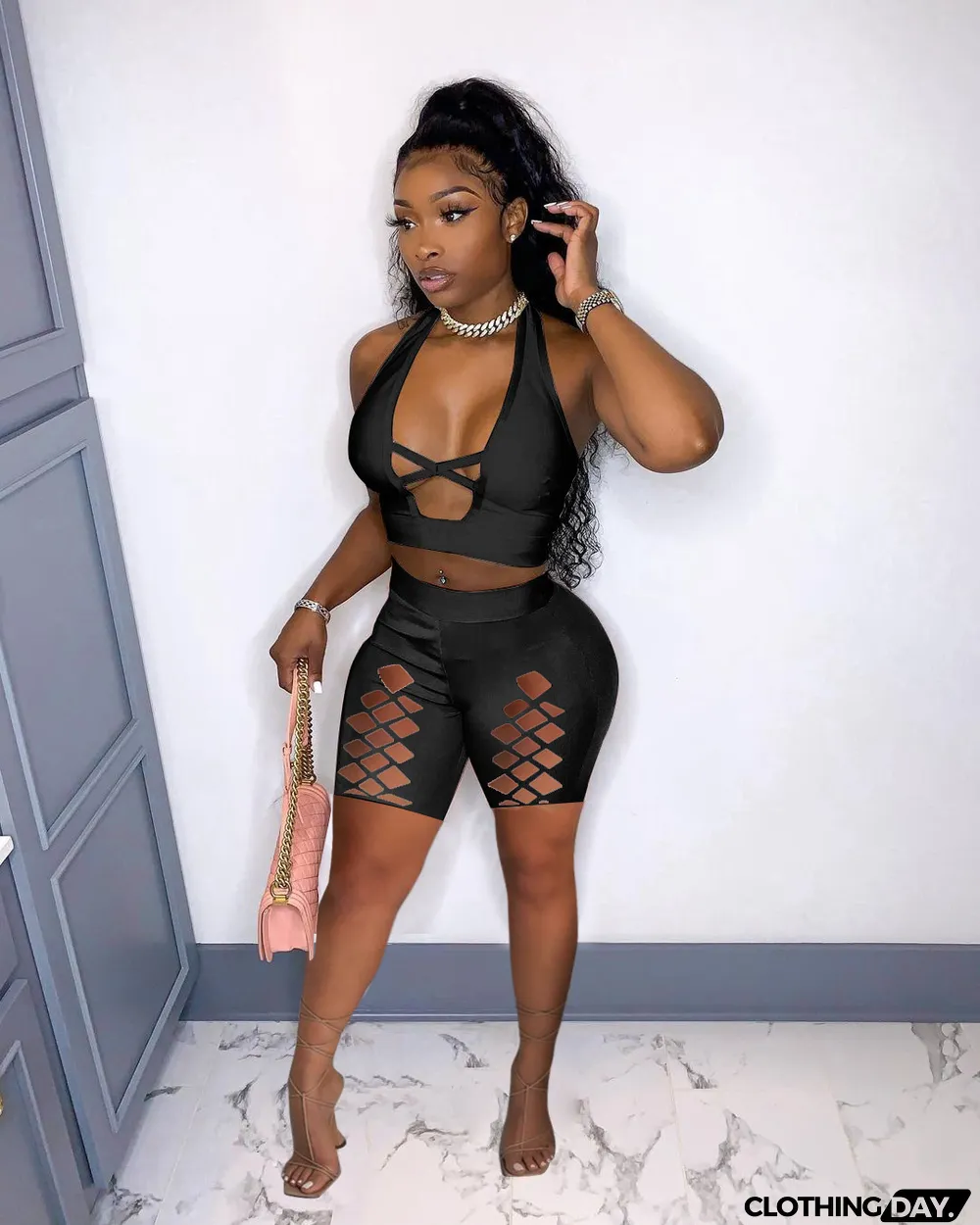 Sexy Halter Top And Hole Shorts Two Piece Sets