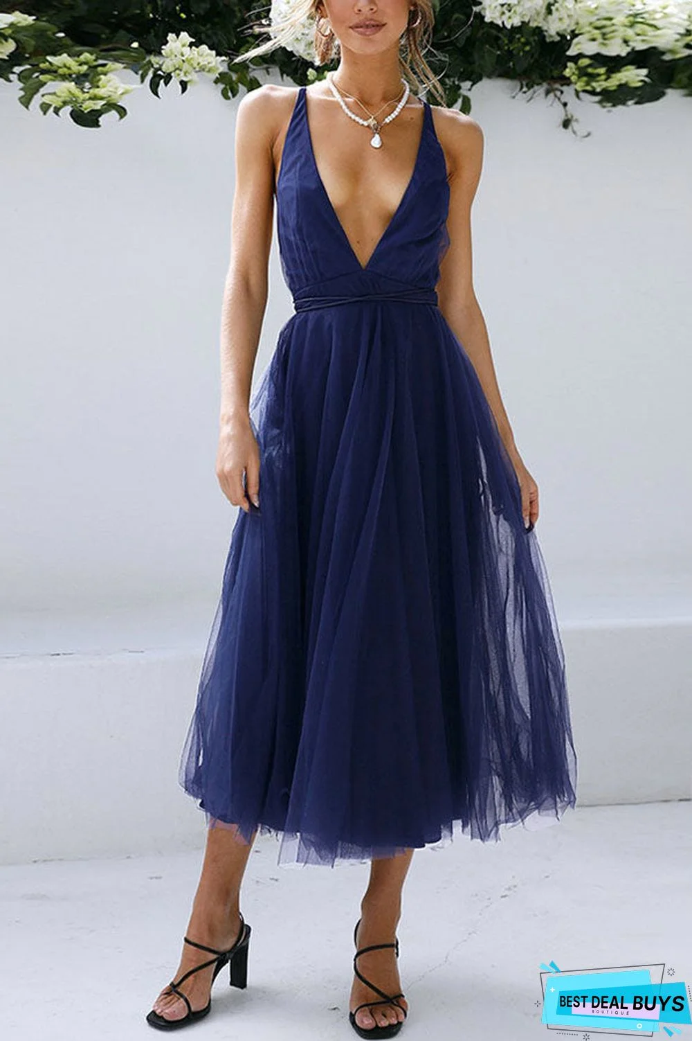 Feeling Romantic V Neck Tulle Midi Dress