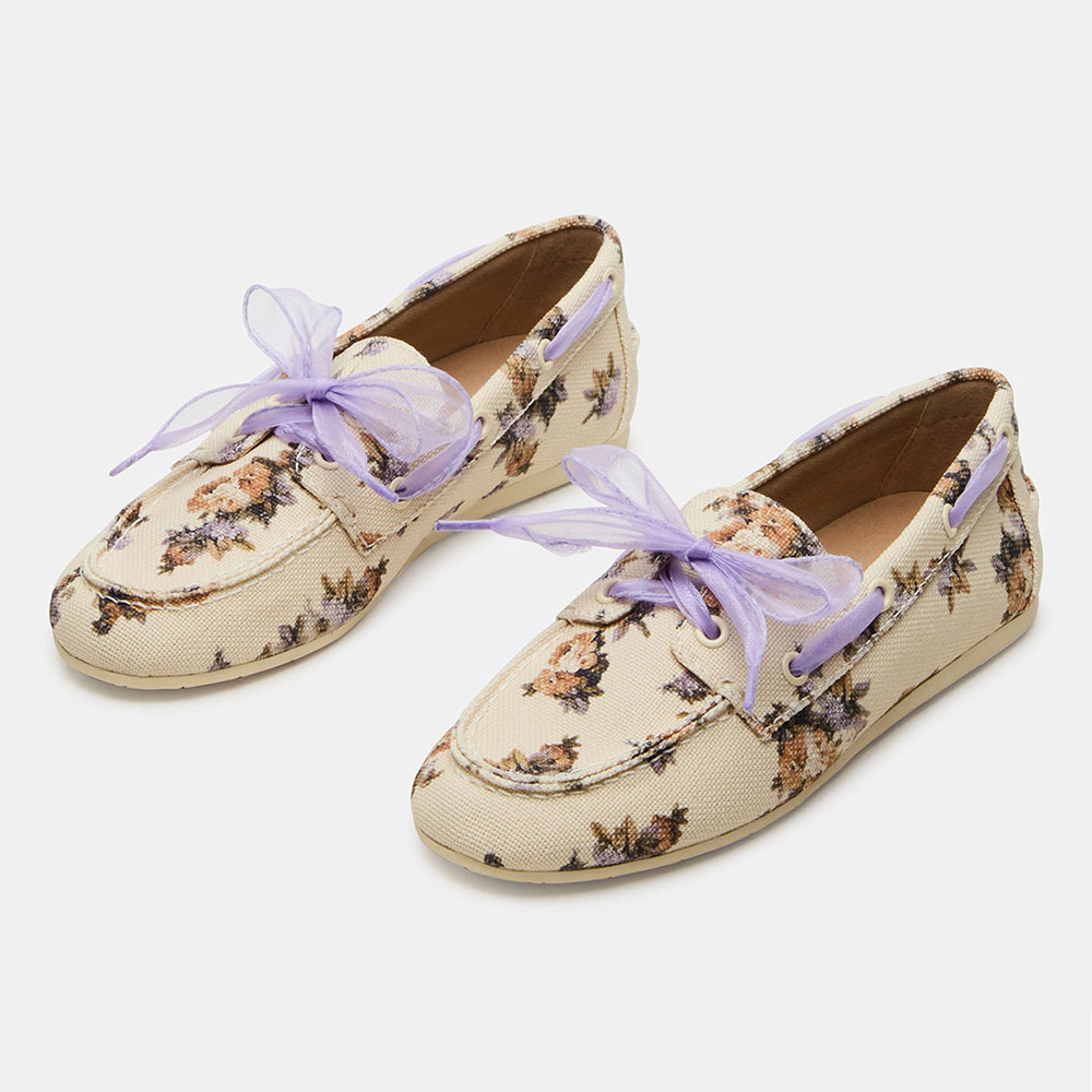 Women's Beige Lace Up Closed Toe Grommet Loafer Flats with Flowers Nicepairs