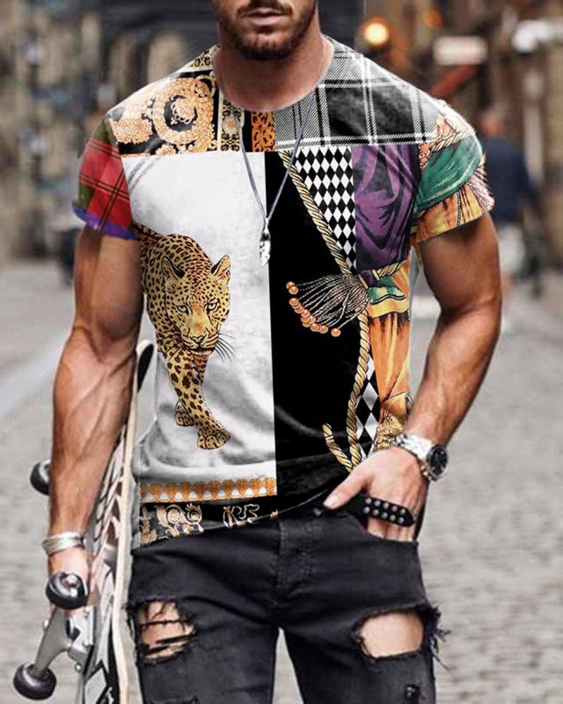 Casual Fashion Leopard Print Retro Stitching Totem Short-sleeved T-shirt