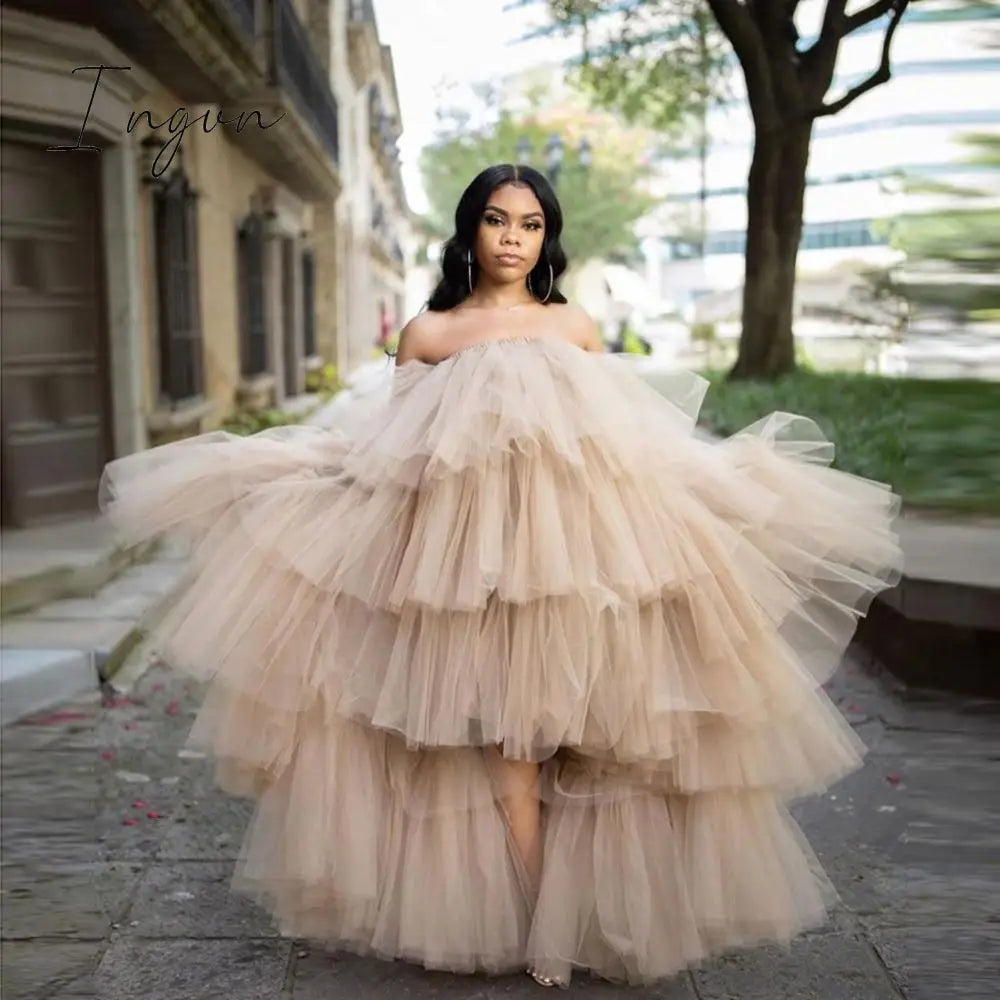 Ingvn - Hot Sale Ruffled Tulle Dress Women Puffy Hi Low Party Night Dresses Tiered Sleeveless Long