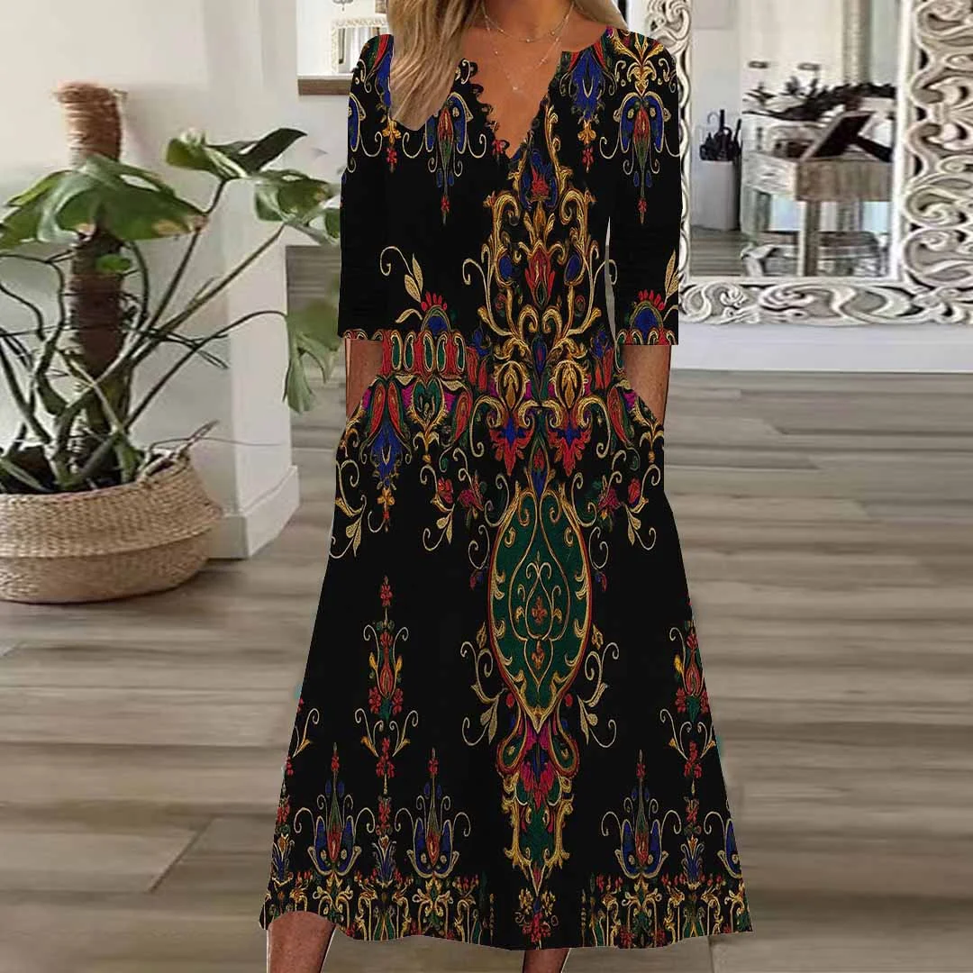 Women Graphic,Black DZHB8289 Long Sleeve V-Neck Graphic Printed Midi Dress