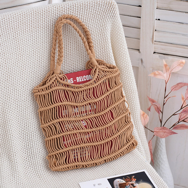 Women’s Medium Cotton Solid Color Vacation Beach Hollow Open Handbag
