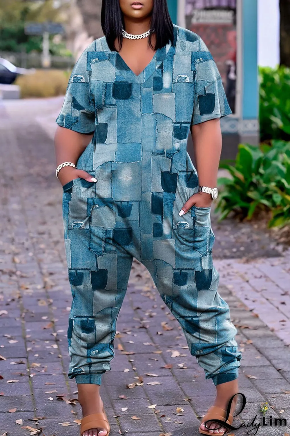 Lake Blue Street Print Patchwork V Neck Harlan Jumpsuits