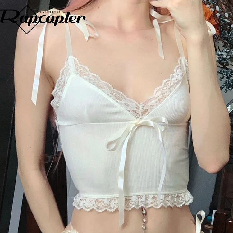 Rapcopter Y2K Lace White Crop Top Bow Knitted Tie Up Cute Sweet Corset Mini Vest Women Vintage Basic Sweats Summer Chic Tee 90s