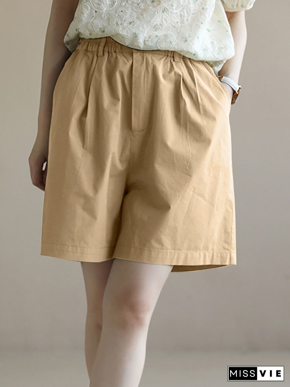 Solid Pocket Elastic Waist Wide Leg Casual Shorts