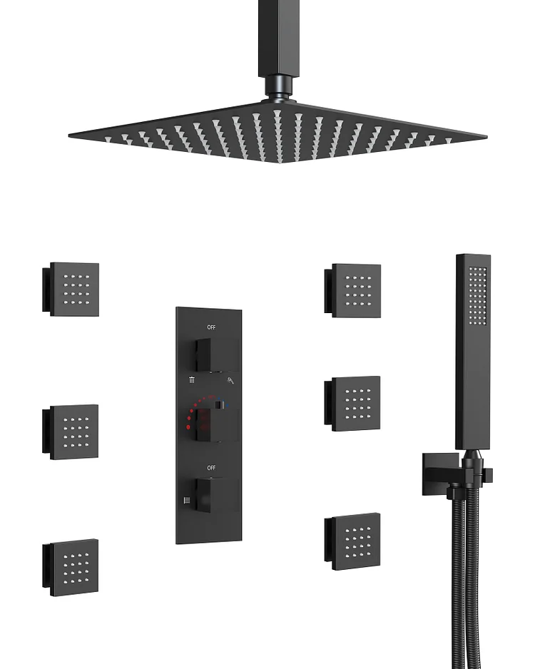 SFS1004-BK12 Shower System | Rainfall Head, Handheld Spray, Thermostatic Valve, Massage Jets