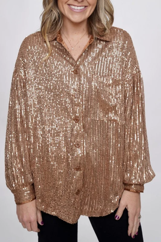 Retro Solid Color Party Sequined Long Sleeve Shirt