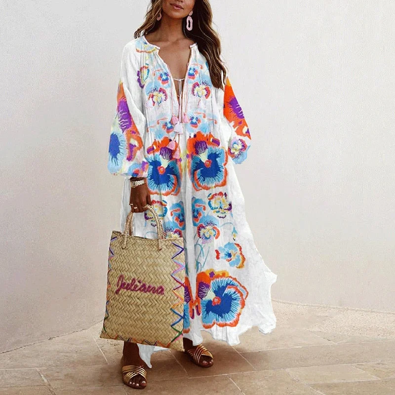 Women Vintage V Neck Tassel Party Long Dress Casual Floral Print Female Dresses Loose Three Quarter Puff Sleeve Dresses Vestidos