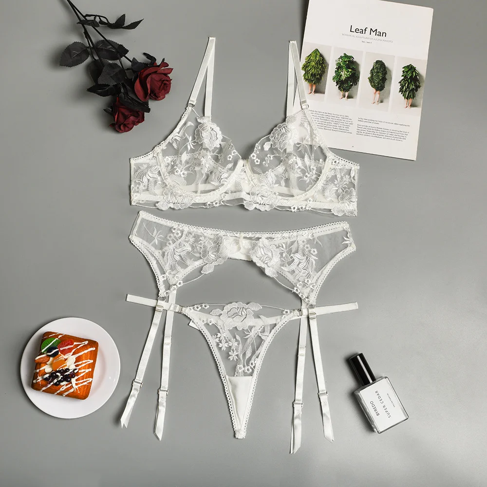 Billionm Bra and Panty Set Women Underwear Lace Lingerie 3pcs Open Cup See Through Thong Floral Embroidery Underwear Transparent Bra Set