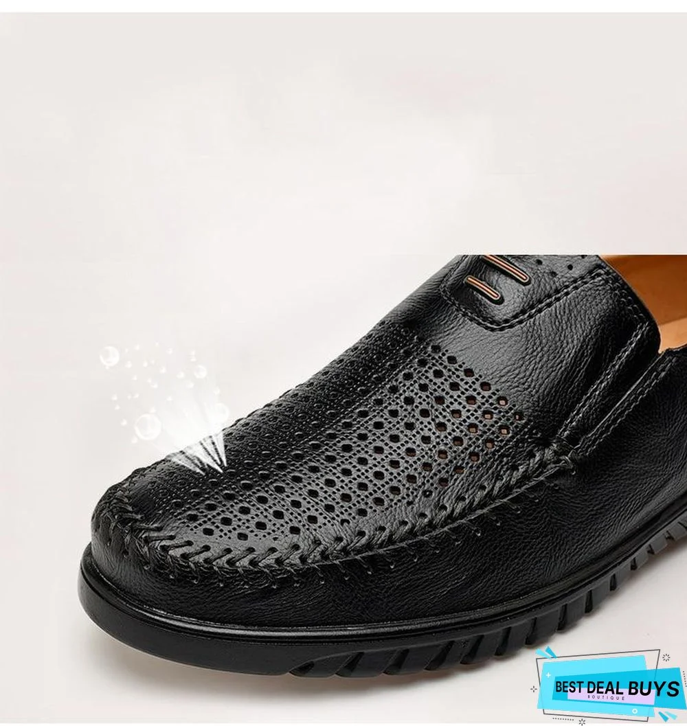 New Openwork Men Black Loafer Perforated Shoes Leather Flats Driving Shoes Business Men's Shoes