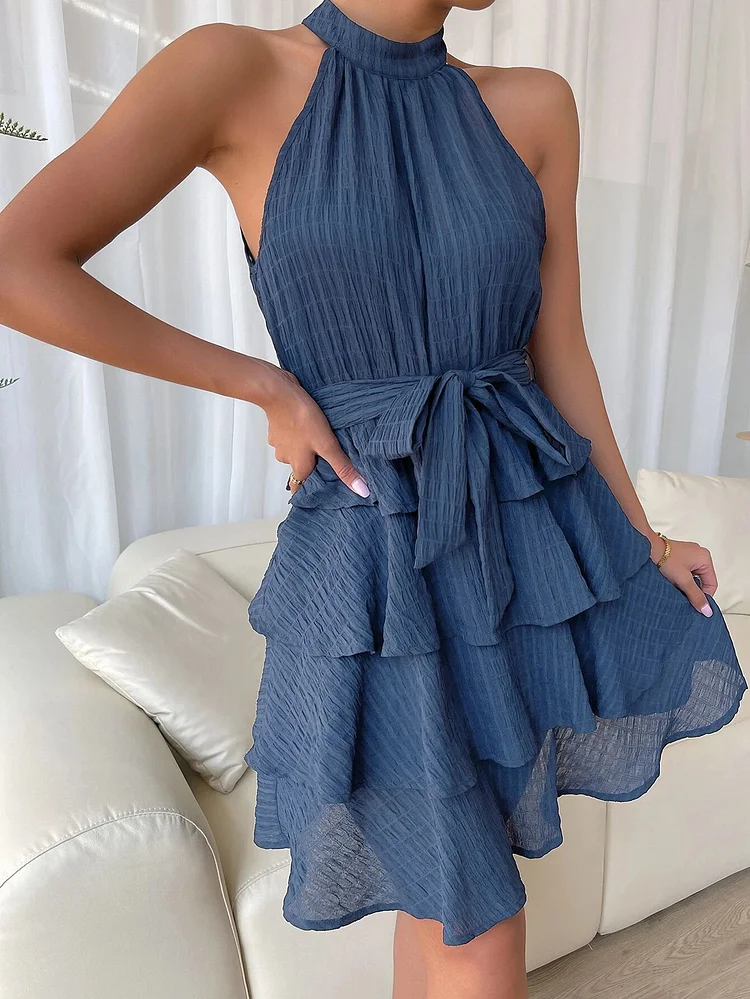 Elegant Slim Sexy Chic Sleeveless O-neck Ruffle Mini Dress