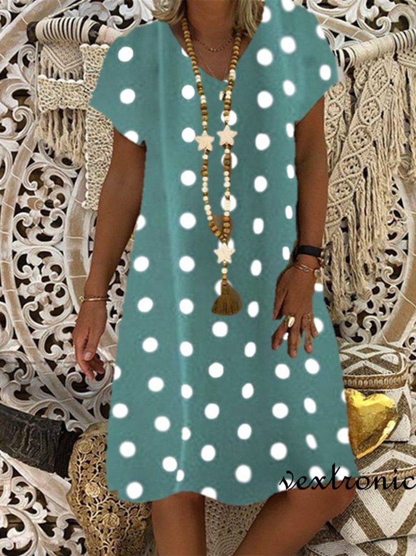Women V-Neck Short Sleeve Solid Polka Dot Printed Dress