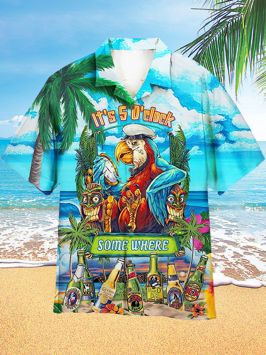 Men's Hawaiian Parrot Beer Print Resort Short Sleeve Shirt PLUSCLOTHESMAN