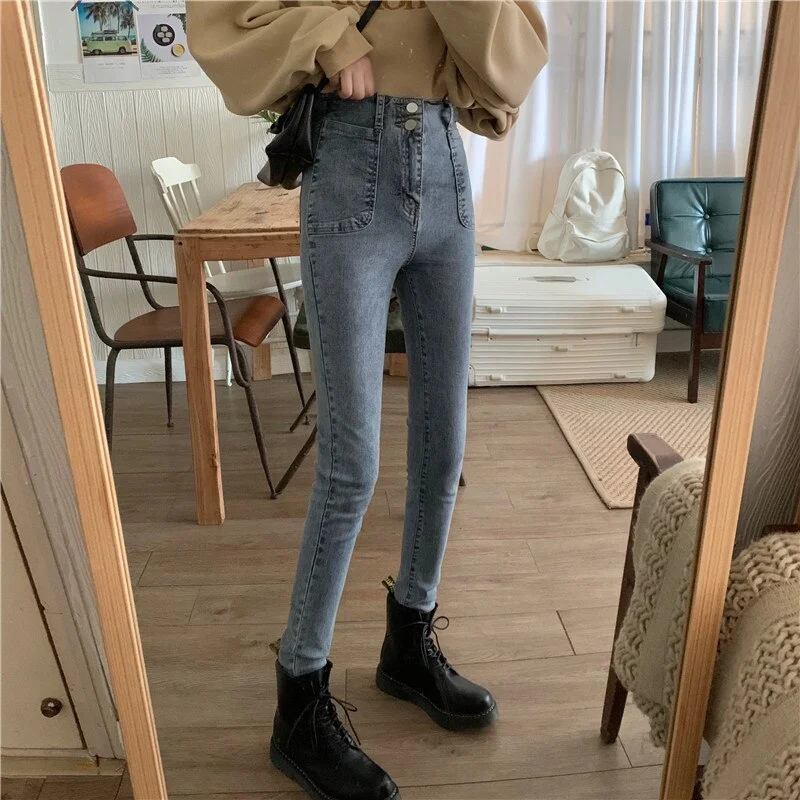 Jeans Women High Waist Korean Style Streetwear Solid Wash Skinny Denim Trousers Woman Stretchy Womens Ankle-Length Slim Casual