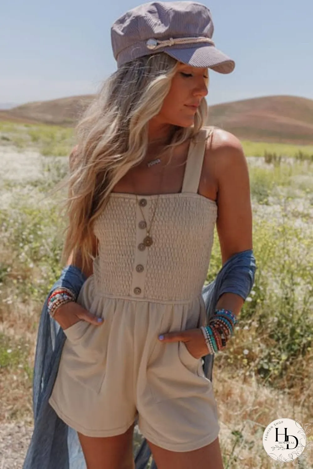 Beige Smocked Button Detail Sleeveless Romper