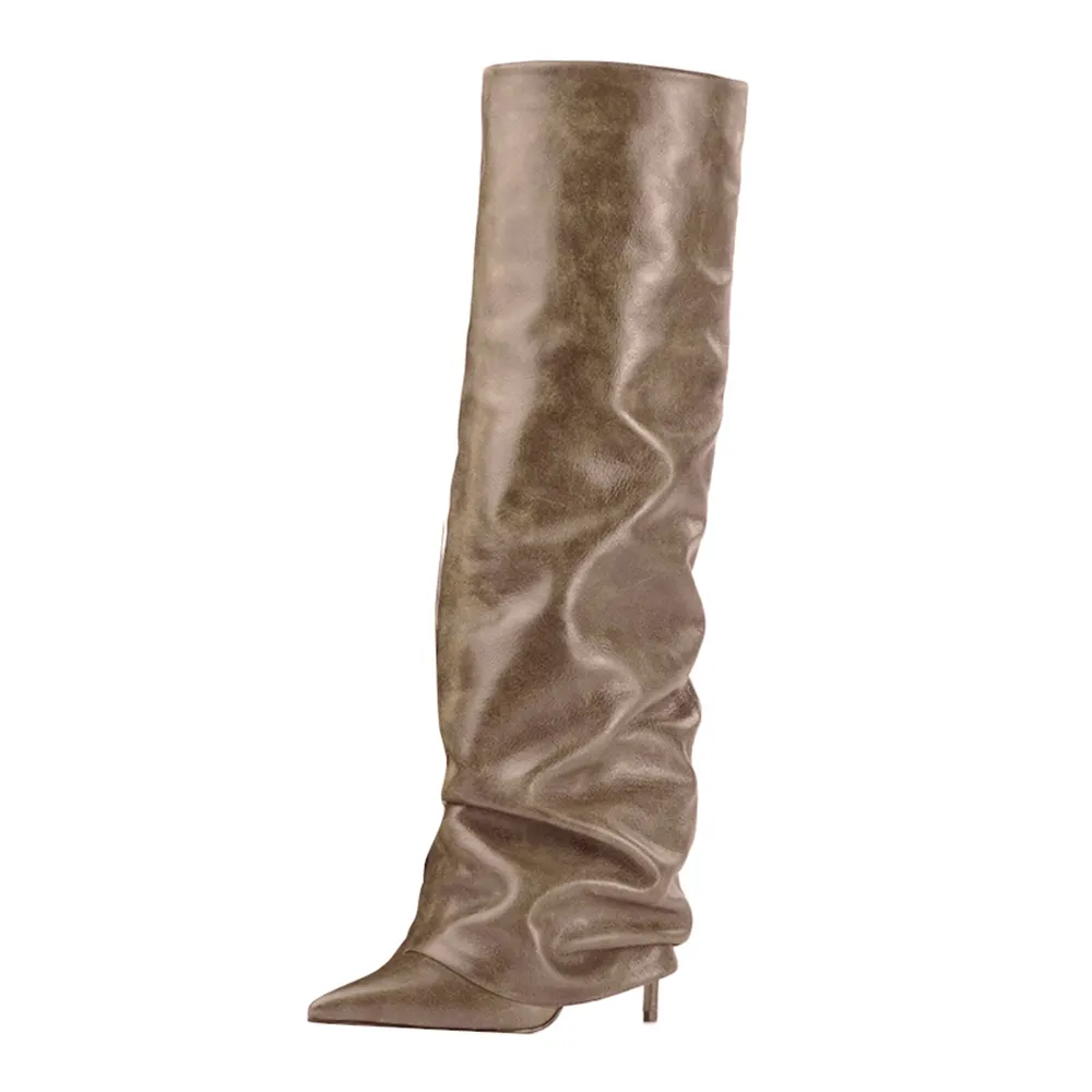 Taupe Fold Over Pointed Toe Knee High Stiletto Heel Slouch Boots Nicepairs