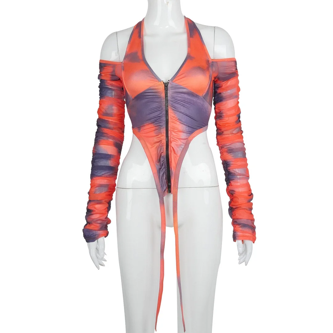 Hugcitar 2021 Long Stacked Sleeve Halter Zipper Patchwork Sexy Crop Top Autumn Winter Women Fashion Streetwear Tshitrs Club Tees