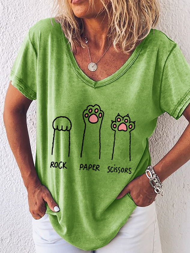 Women's Cute Cat Rock Paper Scissors Simple V Neck Loose T-Shirt socialshop