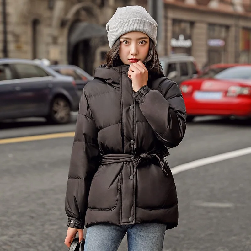 Fitaylor New Winter Female Cotton Jacket Coat Elegant Women Button Belt Outwear Casual Thick Warm Hooded Coat