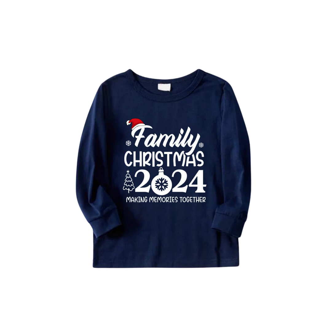 "Family Christmas 2024" Text Prints Blue Long Sleeves Top with Red and Blue Plaid Pants Christmas Matching Pajamas