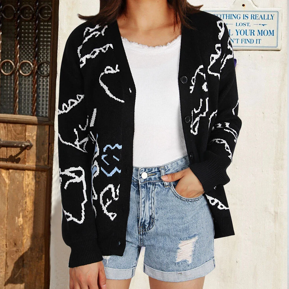 Athvotar Athvotar Long-Sleeved Knitted Autumn And Winter New Coat Loose Cartoon Dinosaur Cardigan