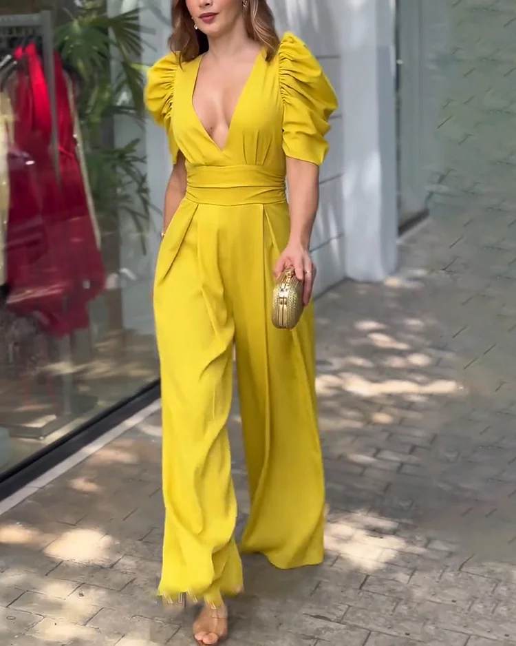 Women's solid color deep V puff sleeve jumpsuit