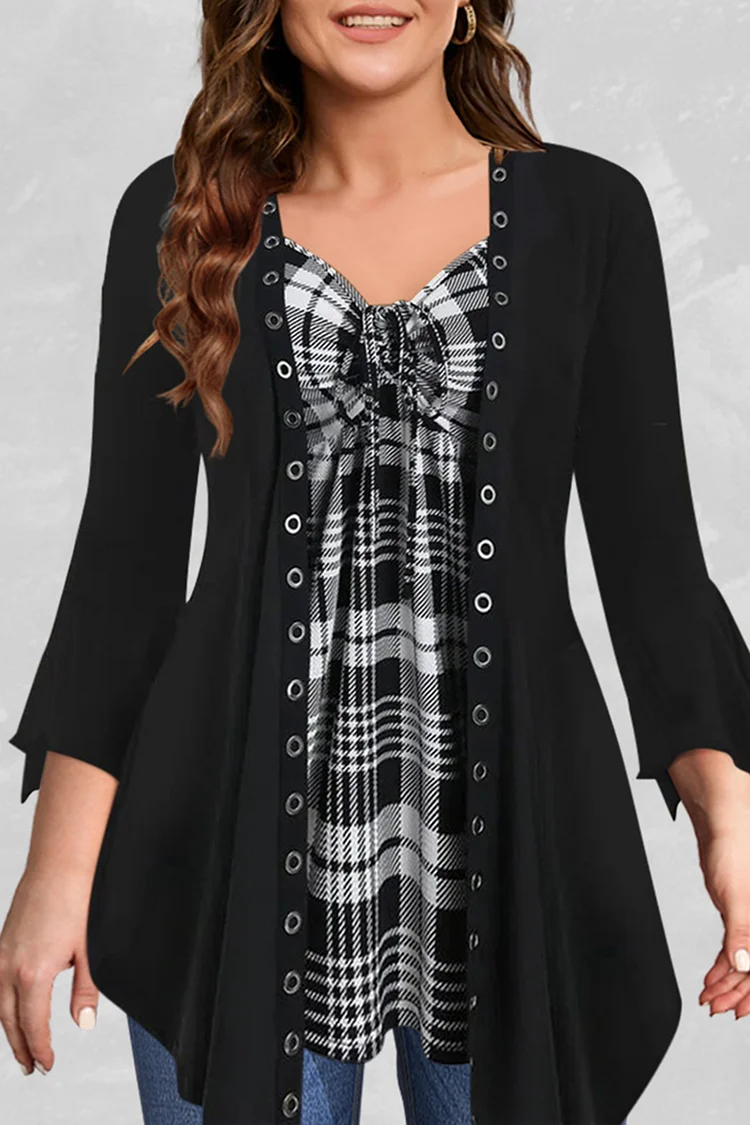 Flycurvy Plus Size Casual Black Drawstring Plaid Print Ruffle 3/4 Sleeve Asymmetric Hem Tunic Faux Two Pieces Blouse  Flycurvy [product_label]