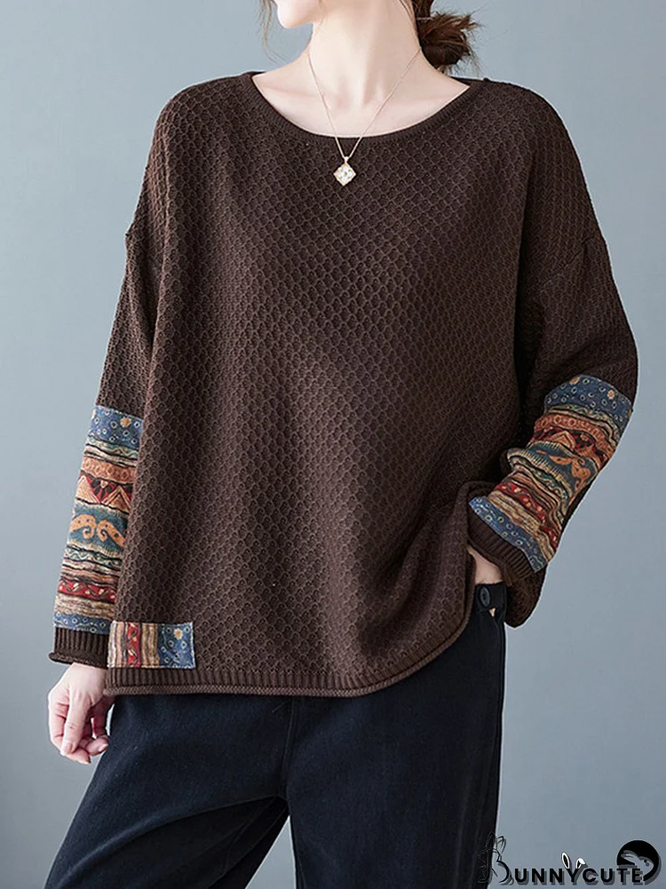 Long Sleeves Loose Printed Split-Joint Round-Neck Pullovers Sweater Tops