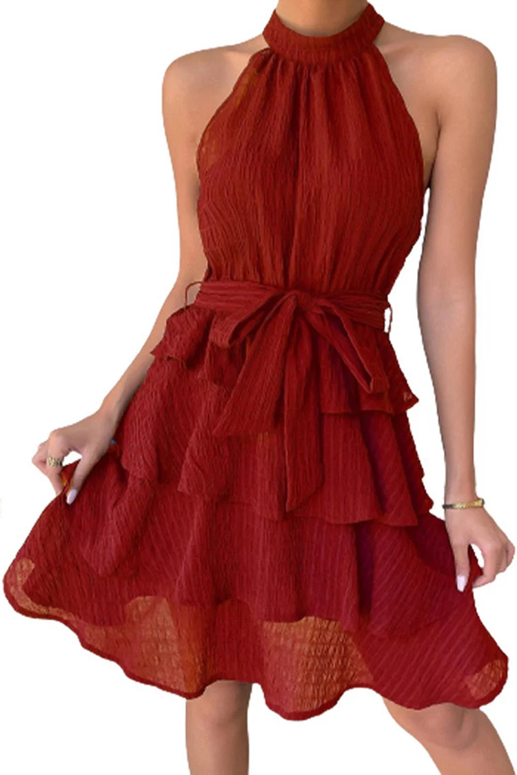 Cocktail Red Ruffle Layered Lace-Up Halter Midi Dress