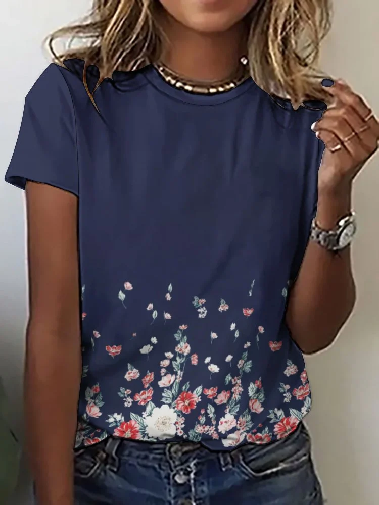 Printed Short Sleeve Casual T-shirt for  Women and Men Unisex Pattern Floral, Blue, Red