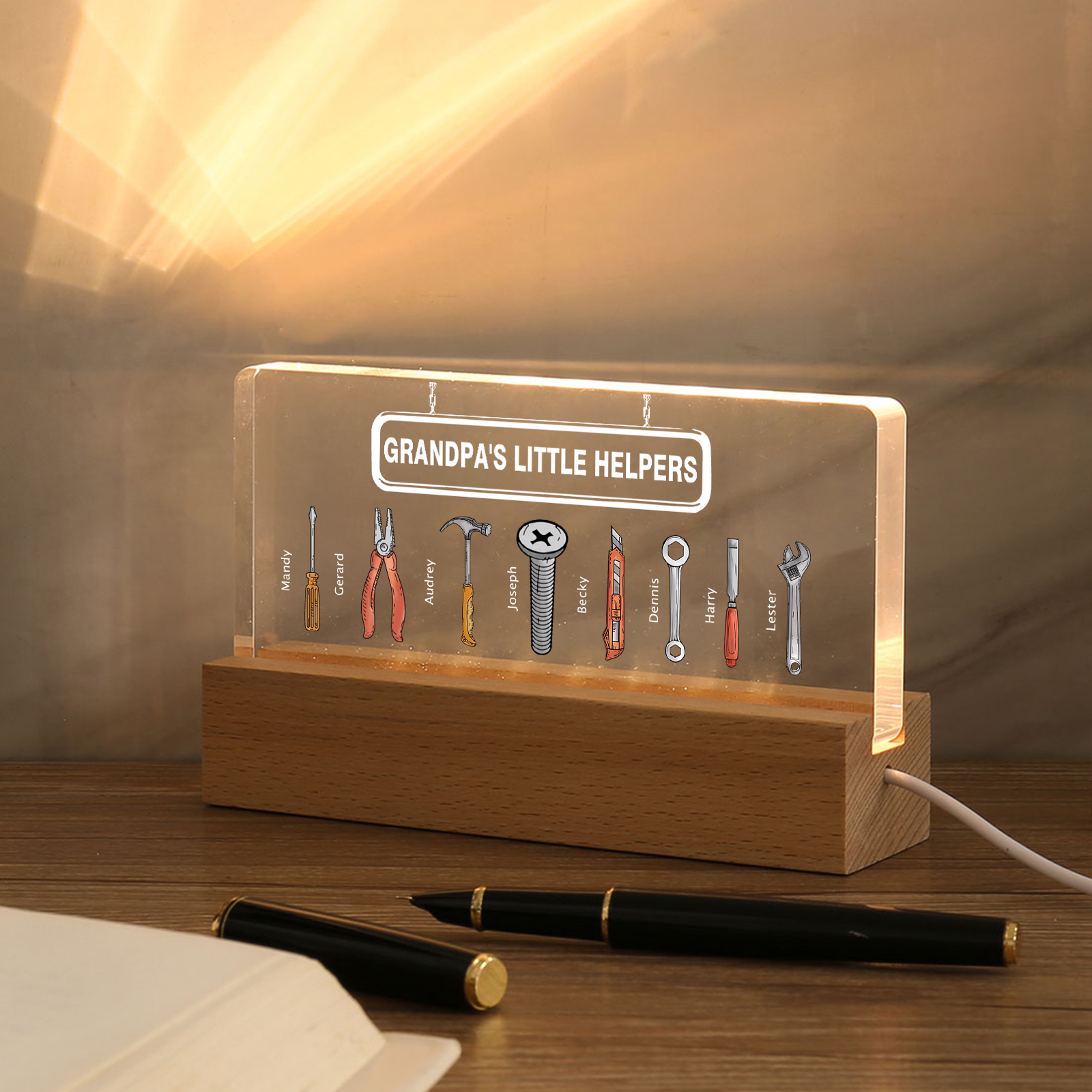 8 Names - Personalised Repair Tool Pattern Table Lamp Customized Text Father's Day Gift for Grandad/Dad