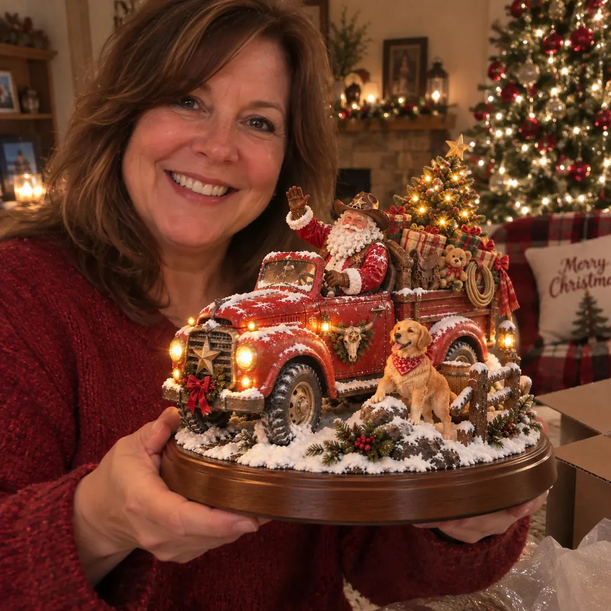 Customer holding Santa's Last Delivery Christmas keepsake