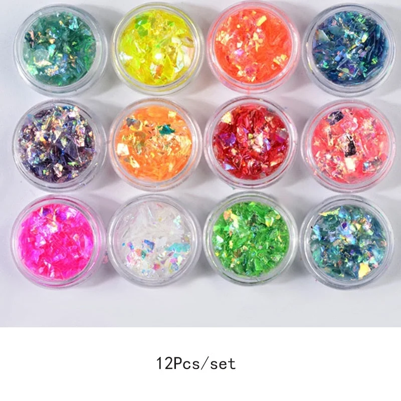 12 Color Set Nail Dust Laser Colorful Broken Cellophane Sequins Irregular Nail Sticker Manicure Decoration-Nail Inspo