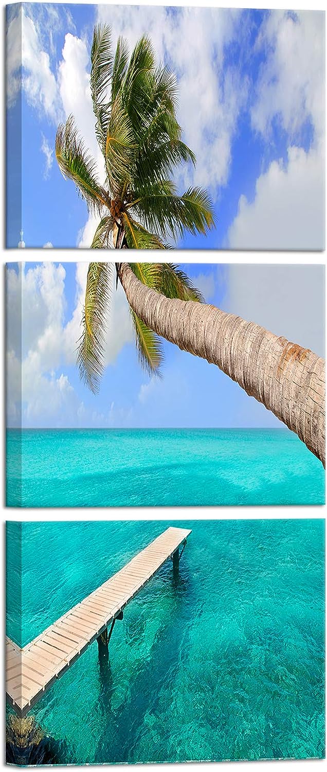 3 Panels Canvas Wall Art Tropical Palm Tree Beach Picture Blue Ocean Painting Modern Hawaii Landscape Artwork Prints Framed for Living Room Bedroom Bathroom Dinning Room Home Office Decor