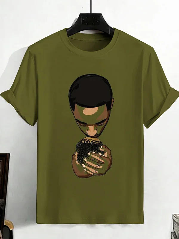 Men's Black Dad Kissing Son Art Graphic Print Cotton Casual T-Shirt