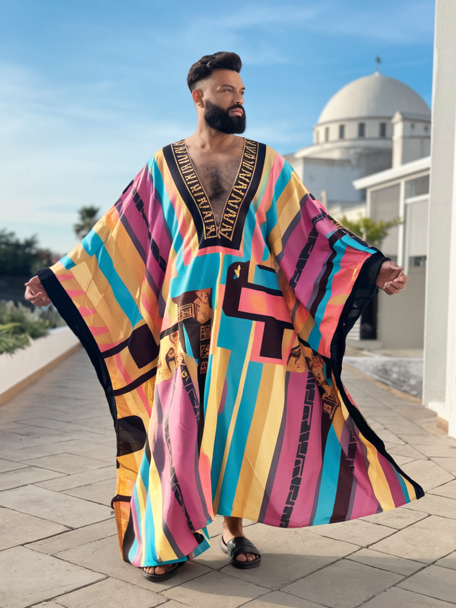 Men's Colorful Striped Polyester V Neck Robe