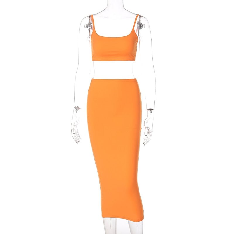 Dulzura Solid Women Two Piece Set Strap Crop Top Camis Midi Skirt Bodycon Sexy Streetwear Party Club Elegant 2021 Summer Outfit