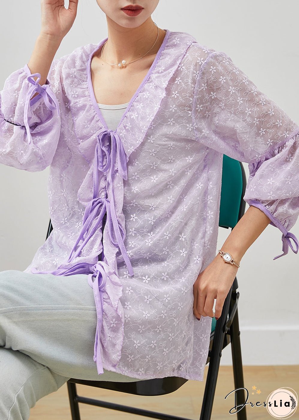 Purple Lace Shirt Tops Embroidered Ruffles Spring