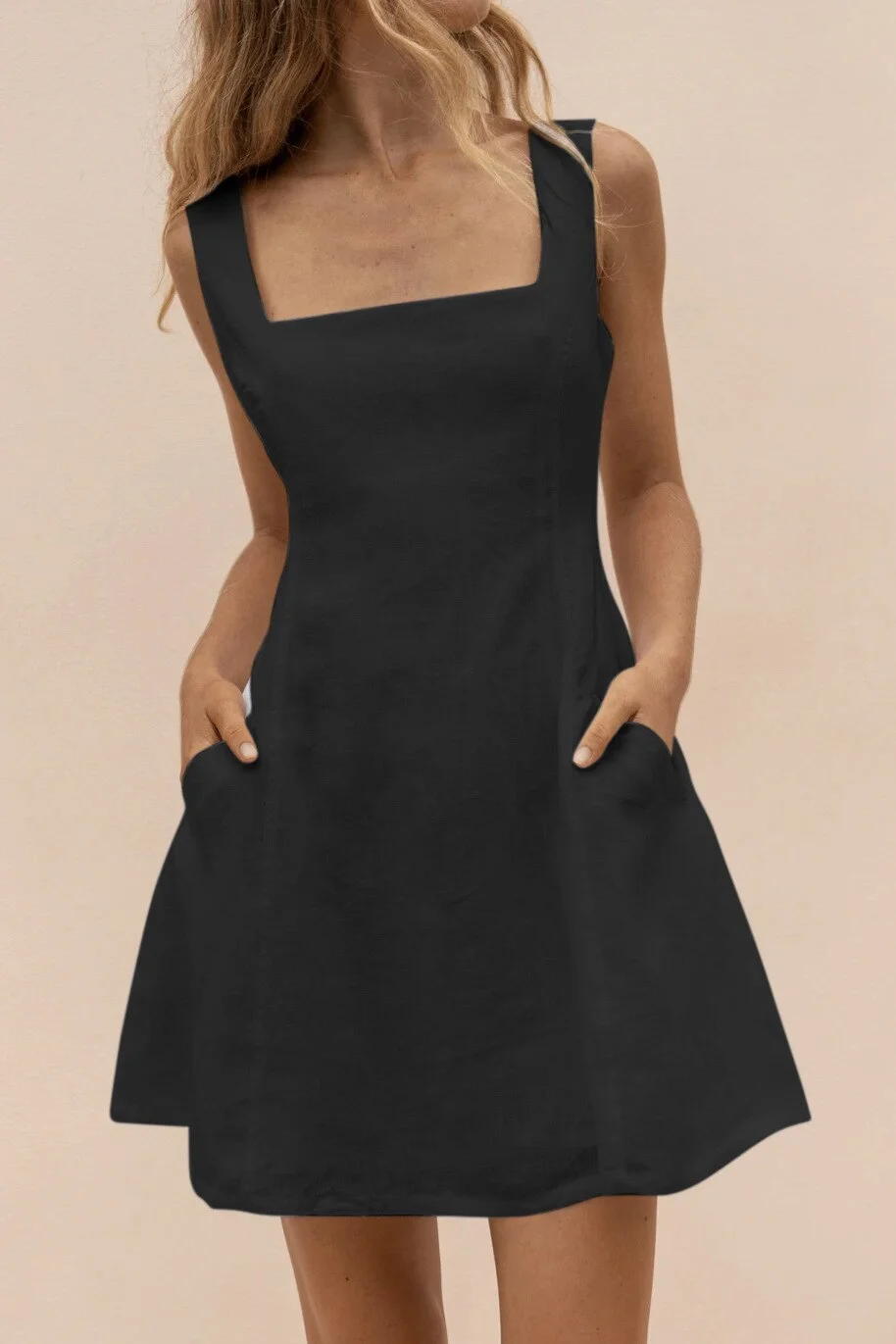 Spaghetti Strap Square Neck Casual Belted Pocket Mini Dress