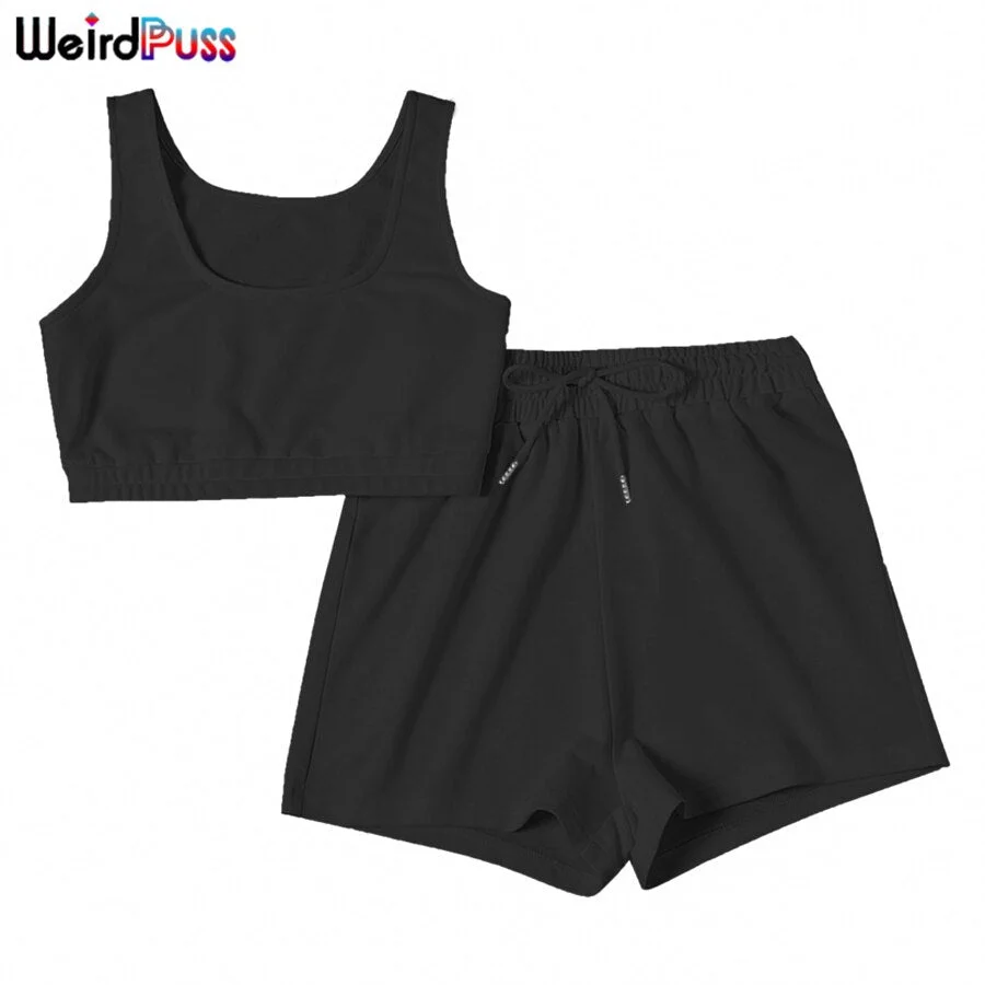 Weird Puss Tracksuit Women Casual Cotton Fitness Two Piece Sets Top And Drawstring Shorts Sportwear Stretchy Trend Summer Outfit