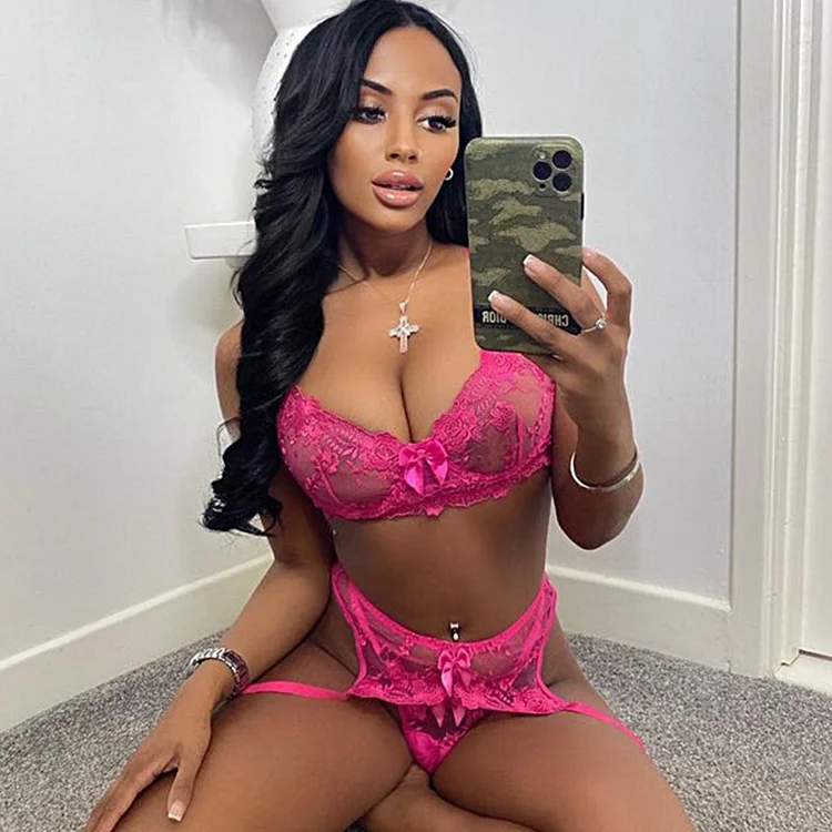 Bowknot Embroidery Lace Garter Lingerie Set