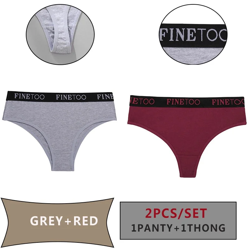 FINETOO 2PCS/Set Women Cotton Panties Sexy Letter Underwear Panty Thong Low Waisted 1Panty+1G-string Brief Tanga Lingerie Femme