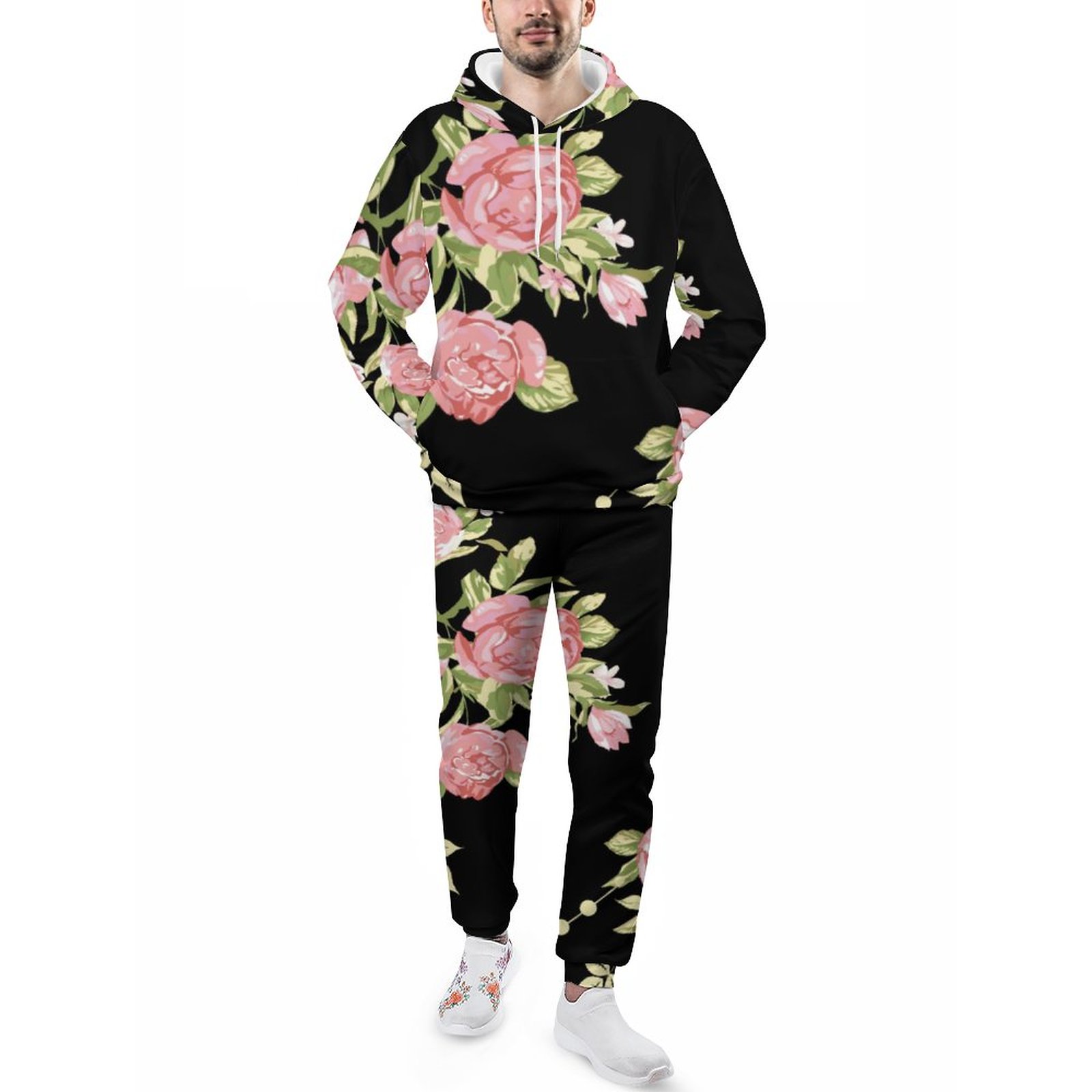 Bold Pink Cabbage Roses On Black Background Men's Tracksuit 2 Piece Hoodie Sweatsuit Sets Casual Jogging Athletic Suits