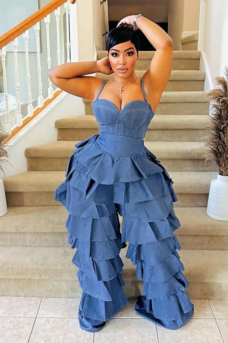 Cami Corset Top Tiered Ruffle Wide Leg Pants 2pcs Sets-Blue
