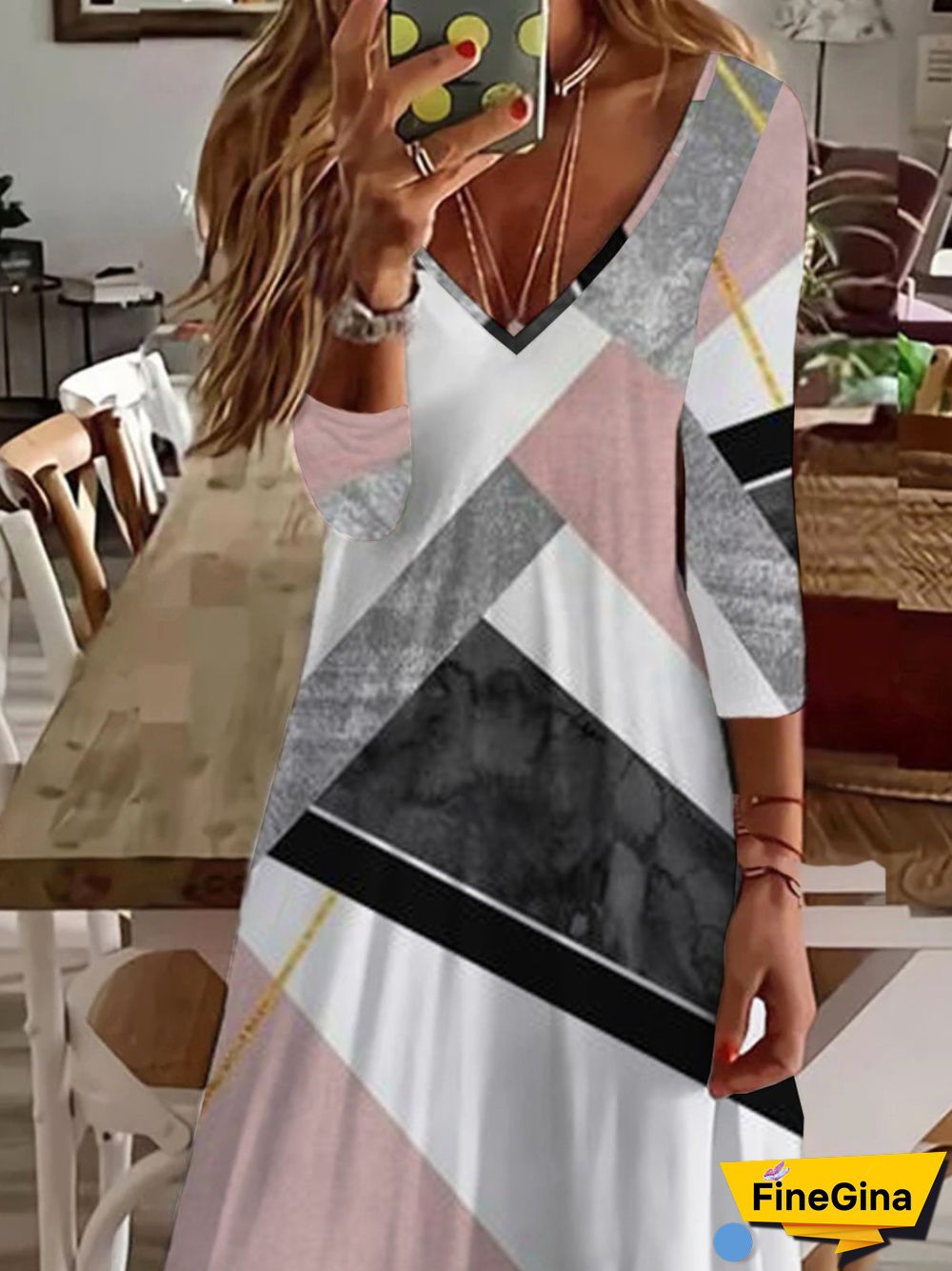 Casual Three Quarter V Neck Plus Size Printed Dress