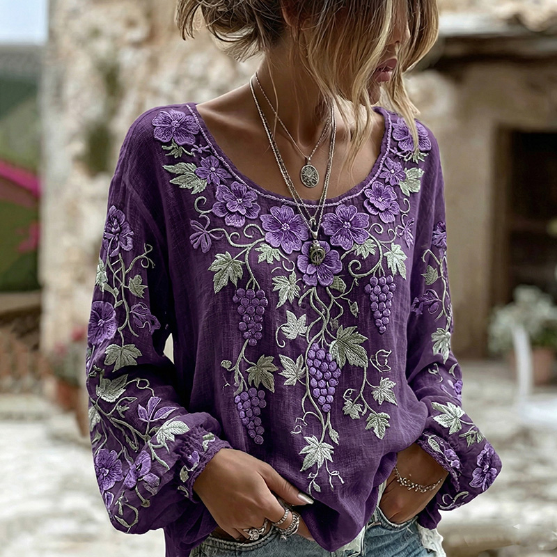 Women's Retro Floral Print Crew Neck Long Sleeve Linen Blend T-shirt elevenforest