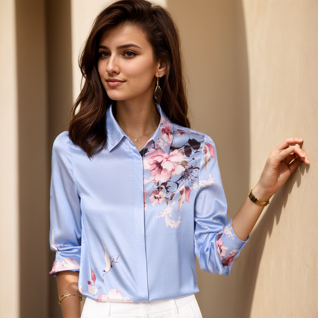 Blue Floral Silk Blouse For Women Simple REAL SILK LIFE