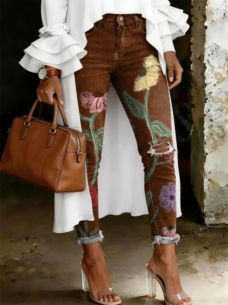 Women's Fashion Casual Multicolor Flowers Art Print Ripped Skinny Jeans